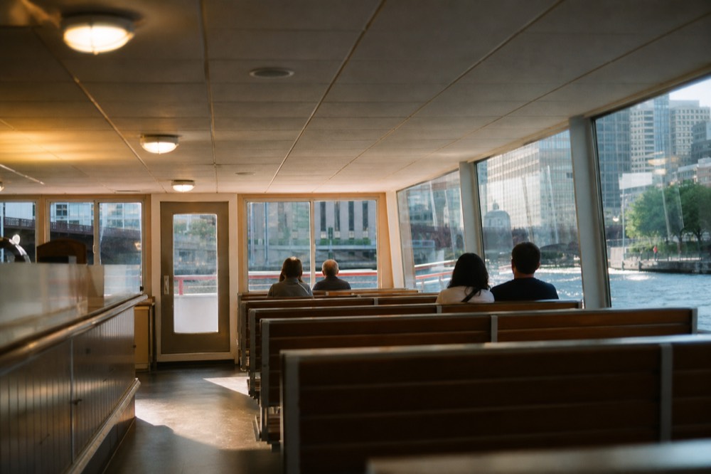 Open-air cruise boat on the Chicago River with skyline towers above, no text, no logos, no people