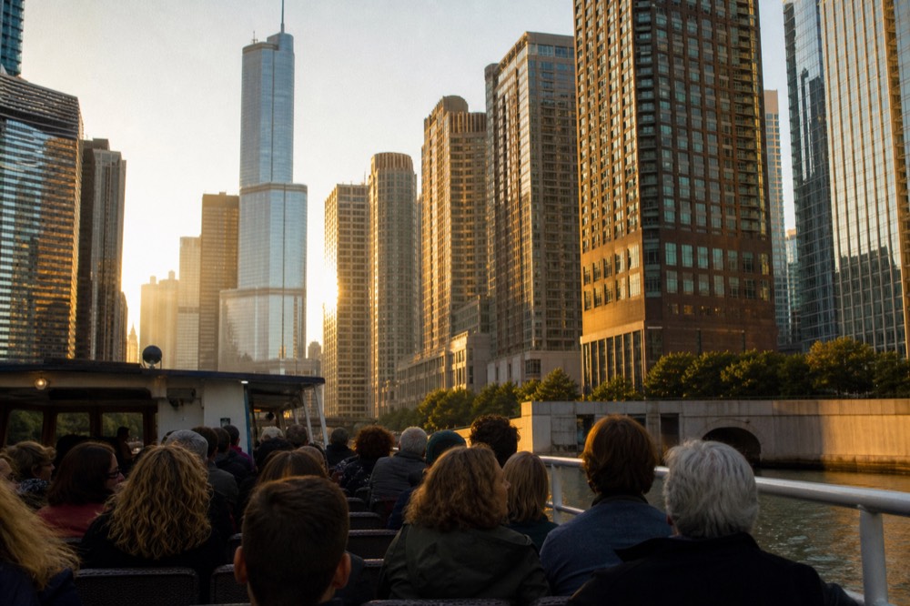 A tour boat passing downtown Chicago towers on the river at golden hour, no text, no logos, no people.