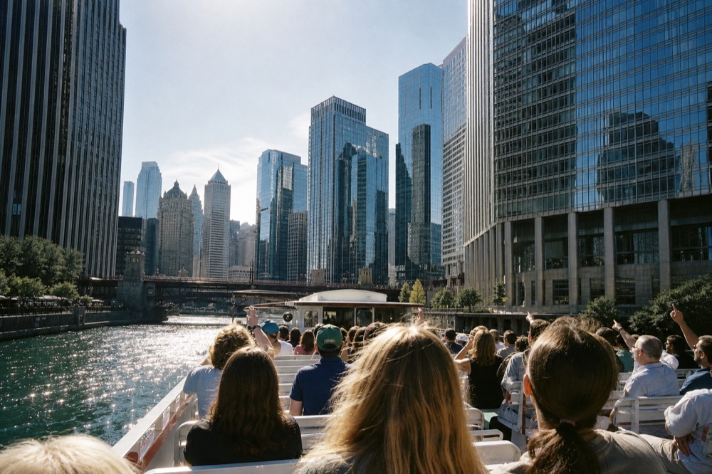 Passengers seated on an open-air river cruise deck looking up at glass towers, no text, no logos, no people.