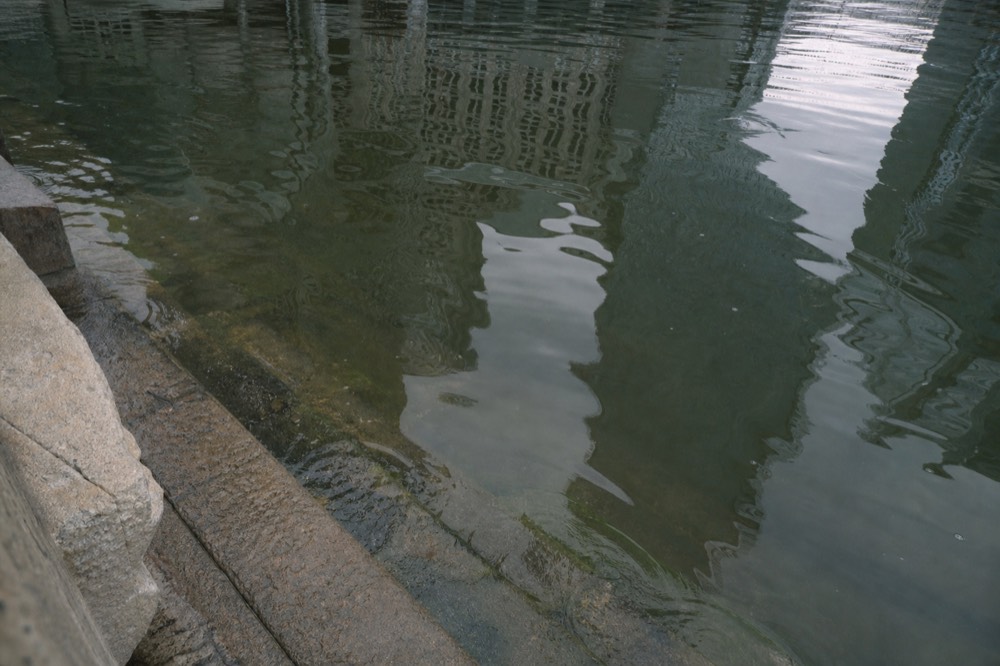 Murky green-brown Chicago River flowing between downtown high-rises, no text, no logos, no people.