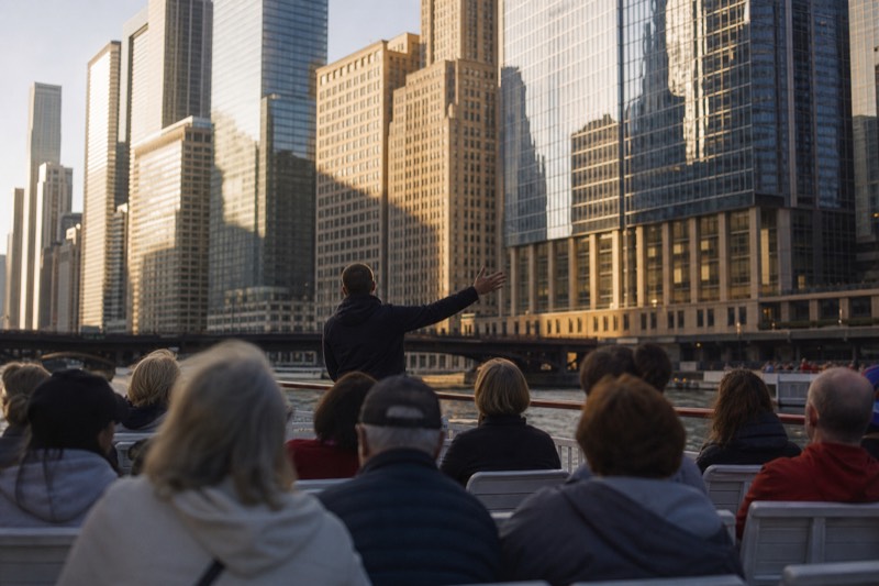 A guide gesturing toward riverside skyscrapers from a tour boat's open deck, passengers listening in warm late-afternoon light