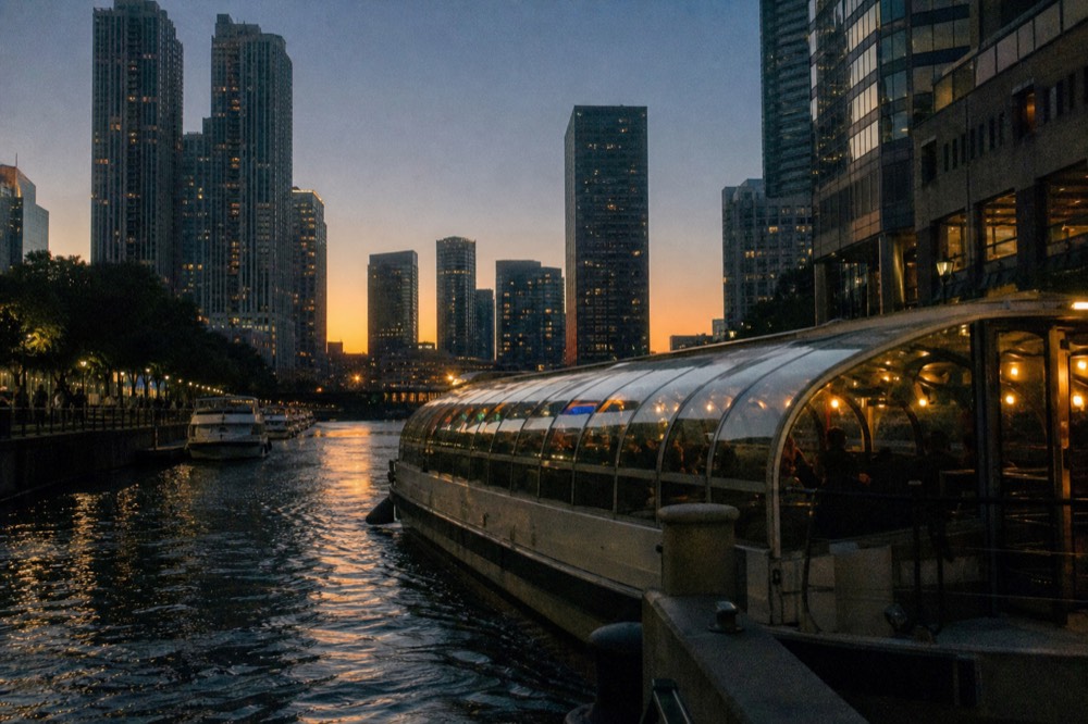 A glass-enclosed dinner cruise boat on the Chicago River at dusk with skyline towers glowing behind it, no text, no logos, no people